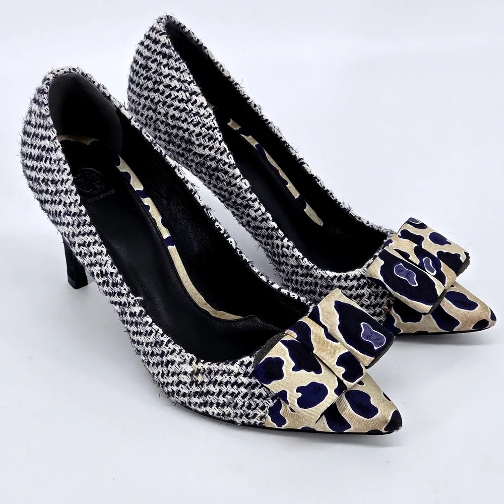 Tory Burch Cleo Tweed Leopard Silk Bow Pointed Toe Stiletto Pumps Heels 7M 3.5